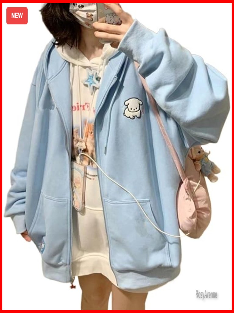 Kawaii Zip Up Hoodie Cute Cartoon Print Oversized Hooded Sweatshirt